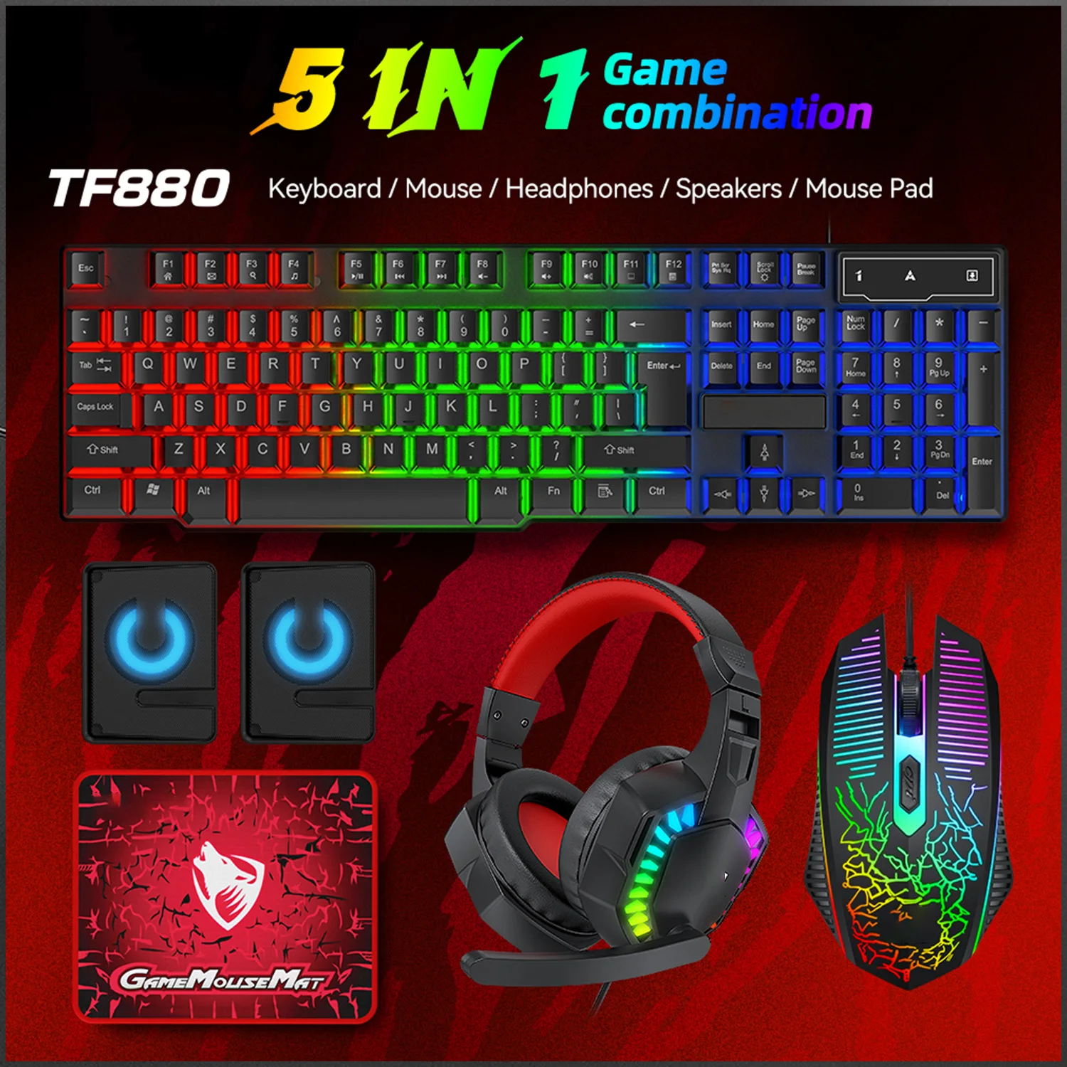 5-in-1 Set Gaming Combo Keyboard 4-color Breathing Light Mouse 3.5mm Gaming Headset Gaming Speaker Anti-slip Mouse Pad NEW HOT photo 1