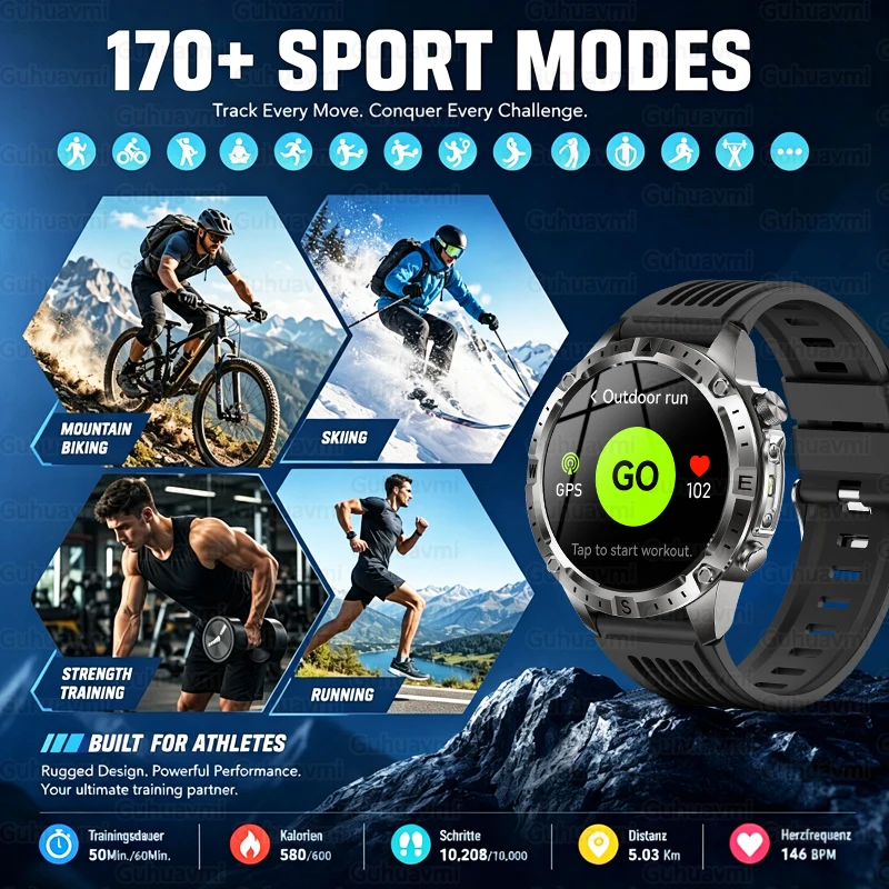 2026New Military TANK GPS SmartWatch Offline Map 10ATM Swim Altitude Compass BT Call 2GB RAM Music Fitness Sports Smartwatch Men photo 4