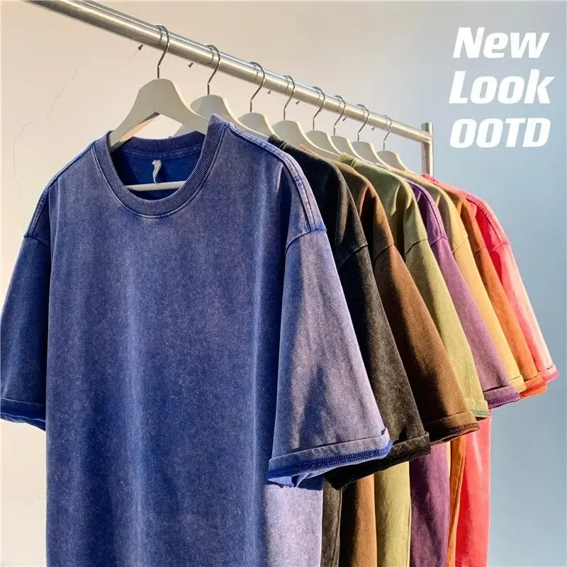 American Style Retro Heavyweight Solid Color Short Sleeved T-shirt Men Women Summer Street Trendy Washed Old Oversized Clothes photo 2