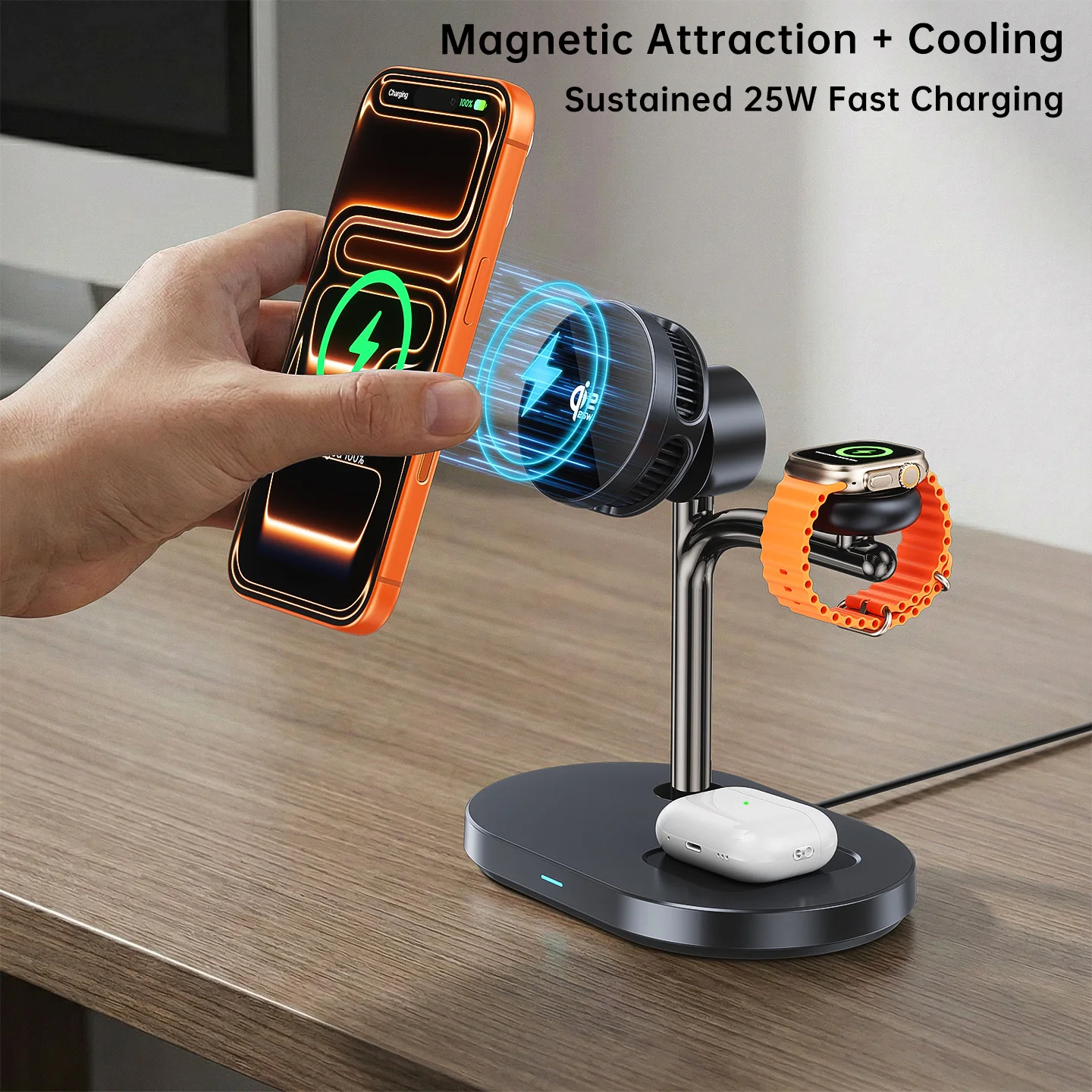 25W MagCold Wireless Charging Stand for iPhone 17 Galaxy S26, Qi2.2 Fast Charger Magnetic Cooling Dock for IWatch/Galaxy Watch 9 photo 1