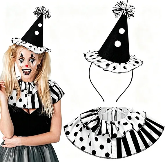 Polka Dot Harlequin Clown Accessory Set Cone Party Hat Headband Ruffle Collar Halloween Carnival Cosplay Costume Prop photo 6