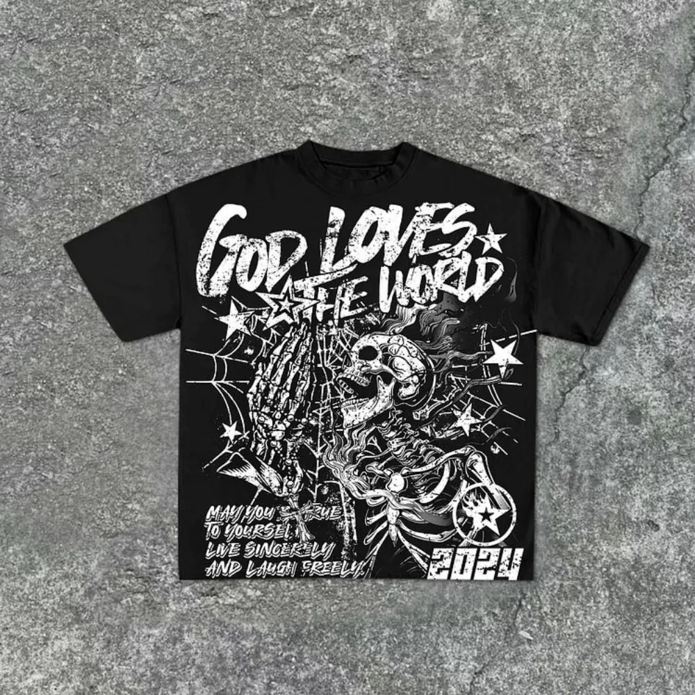 Summer men's fashion style skull print comfortable and breathable with round neck T-shirt outdoor warning top photo 3