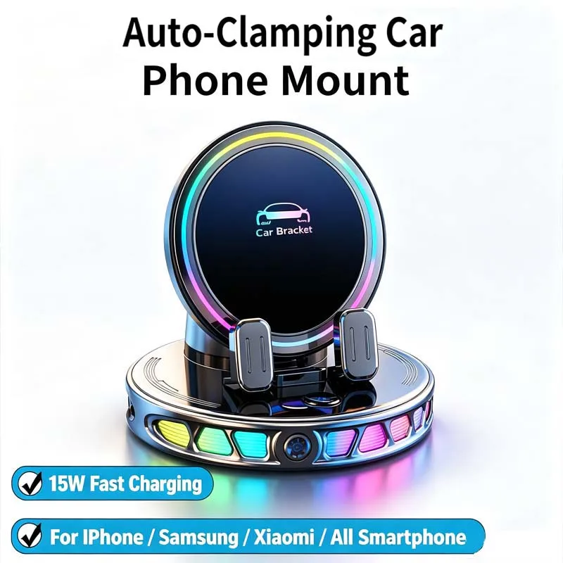 Auto Clamping Car Mobile Cell Phone Holder Support For Mobile Wireless Charger For Car Dashboard Mount With RGB Light photo 6