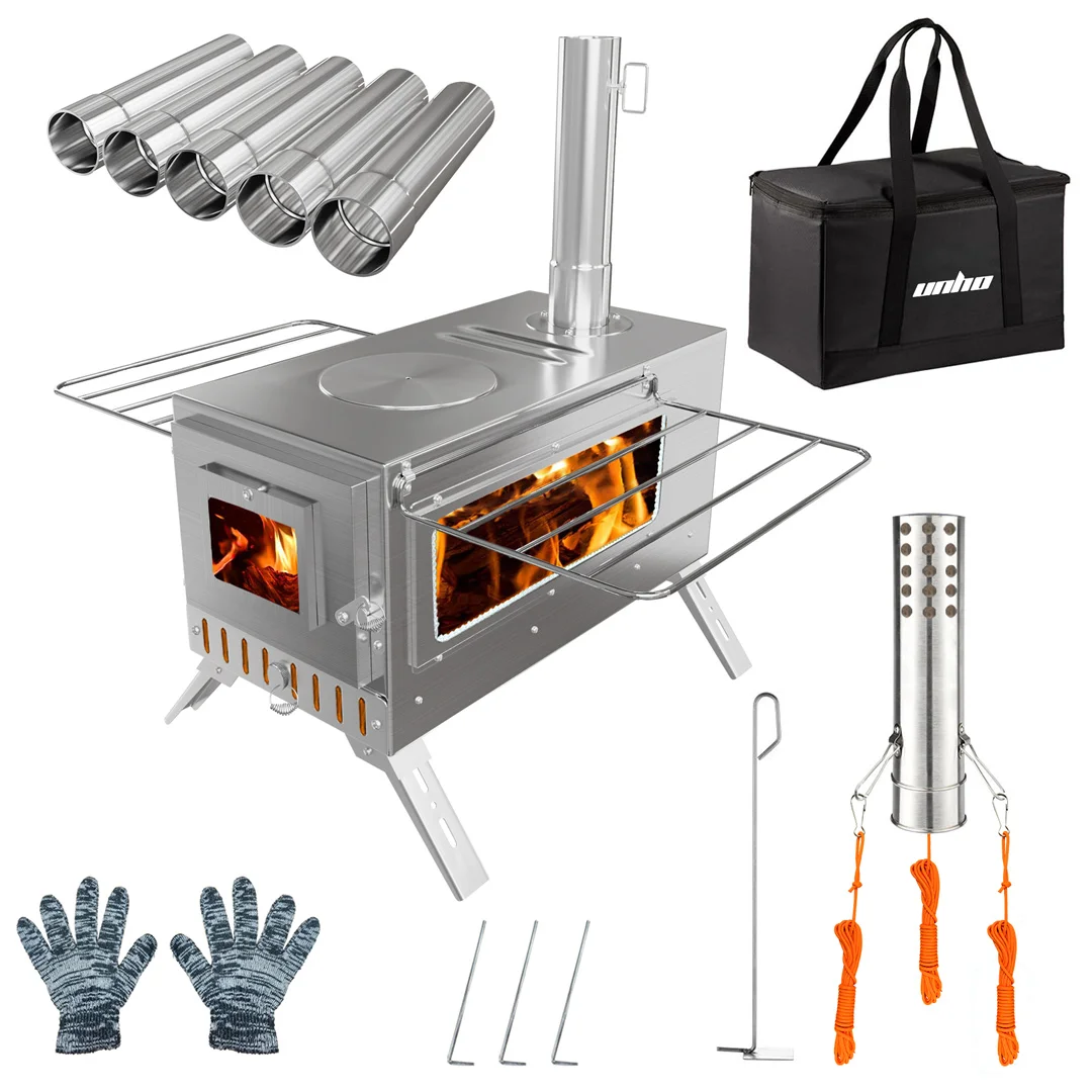 Hot Tent Stove, Unho Wood Burning Stove, Portable Wood Stove with 6 Stainless Chimney Pipes for Outdoor Heating & Cooking photo 1