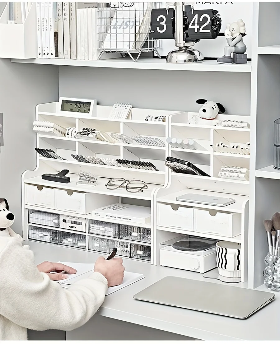 1PC 2-Tier Desk Organizer & Drawer Storage|With Tilt Pen Holder, Raised Bookshelf |Matte White PVC For Stationery, Cosmetics, O photo 6