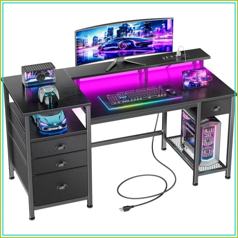 Gaming Desk 52 Inch with 4 Drawers, LED Lights, Power Outlet, Monitor Stand, Printer Space, Black photo 1