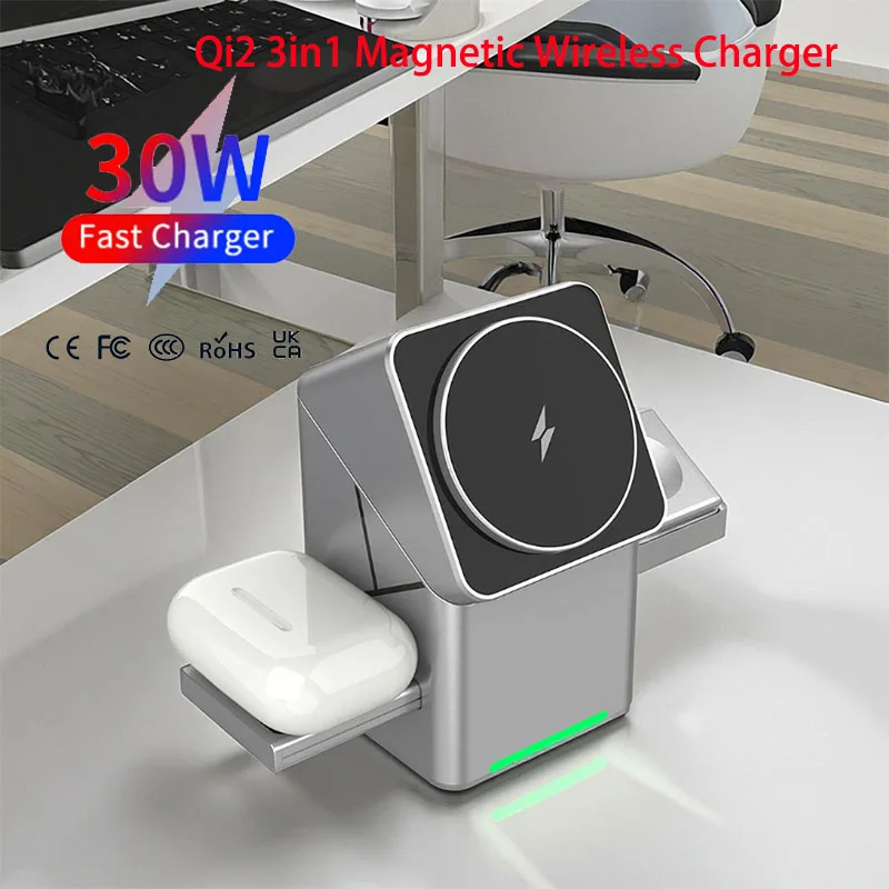 Rotating Qi2 3in1 15w Magnetic Wireless Charger Stand For iPhone 16 15 14 13 12 Max  iWatch Airpods Fast Charging Dock photo 1