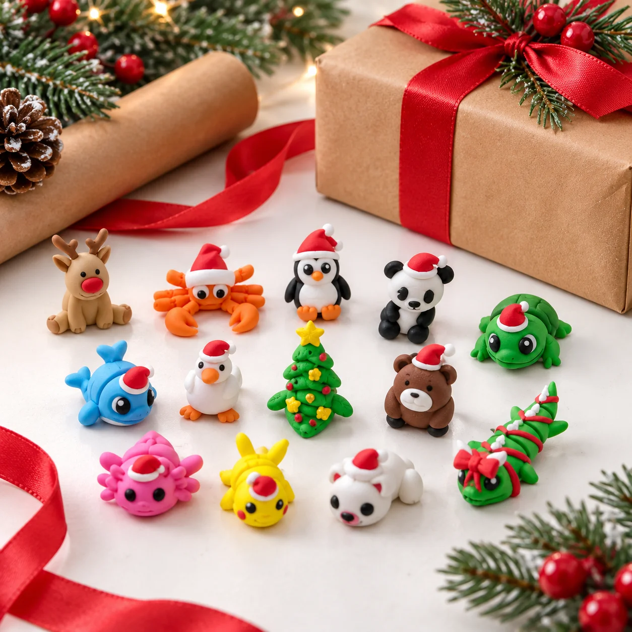 20/30/50Pcs 3D Printed Christmas Hat Animal Model Joint Movable Cartoon Figurine Ornament Sets Home Office Desktop Decoration photo 5