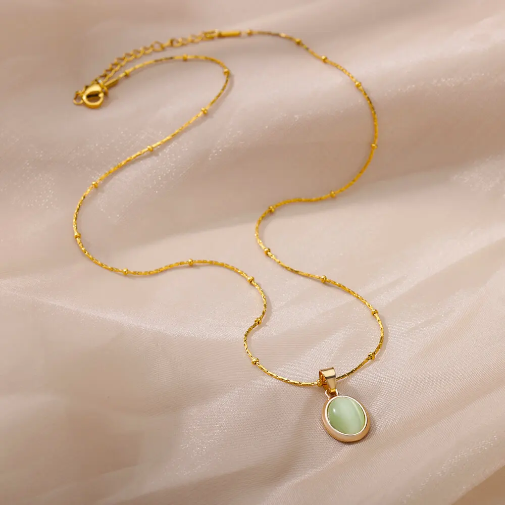Fashion Stone Opal Oval Necklace for Women Stainless Steel Gold Color Oval Stone Pendant Necklace Wedding Aesthetic Jewelry Gift photo 1