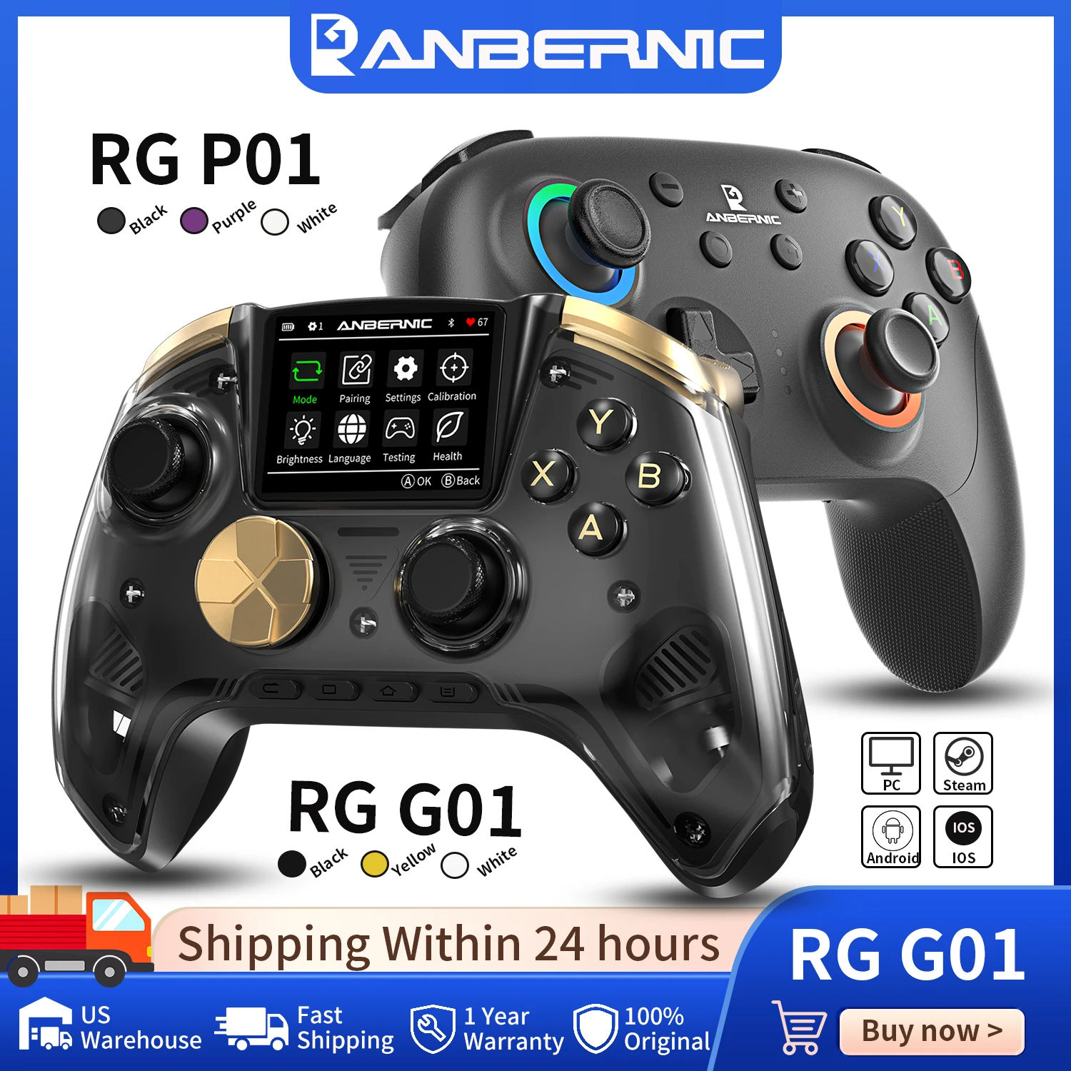 Anbernic RG G01 / RG P01 Retro Games Controller Hall Effect Triggers XBOX Gamepad for PC Android IOS Steam Linux Supports Bluetooth 5.3/Wired/2.4G Wireless photo 1