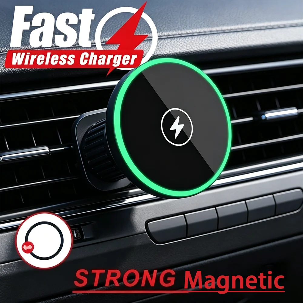 30W Fast Charging Magnetic Car Wireless Charger, LED Light Phone Mount Holder for iPhone 12, 13, 14, 15，16，17， Pro Max photo 1