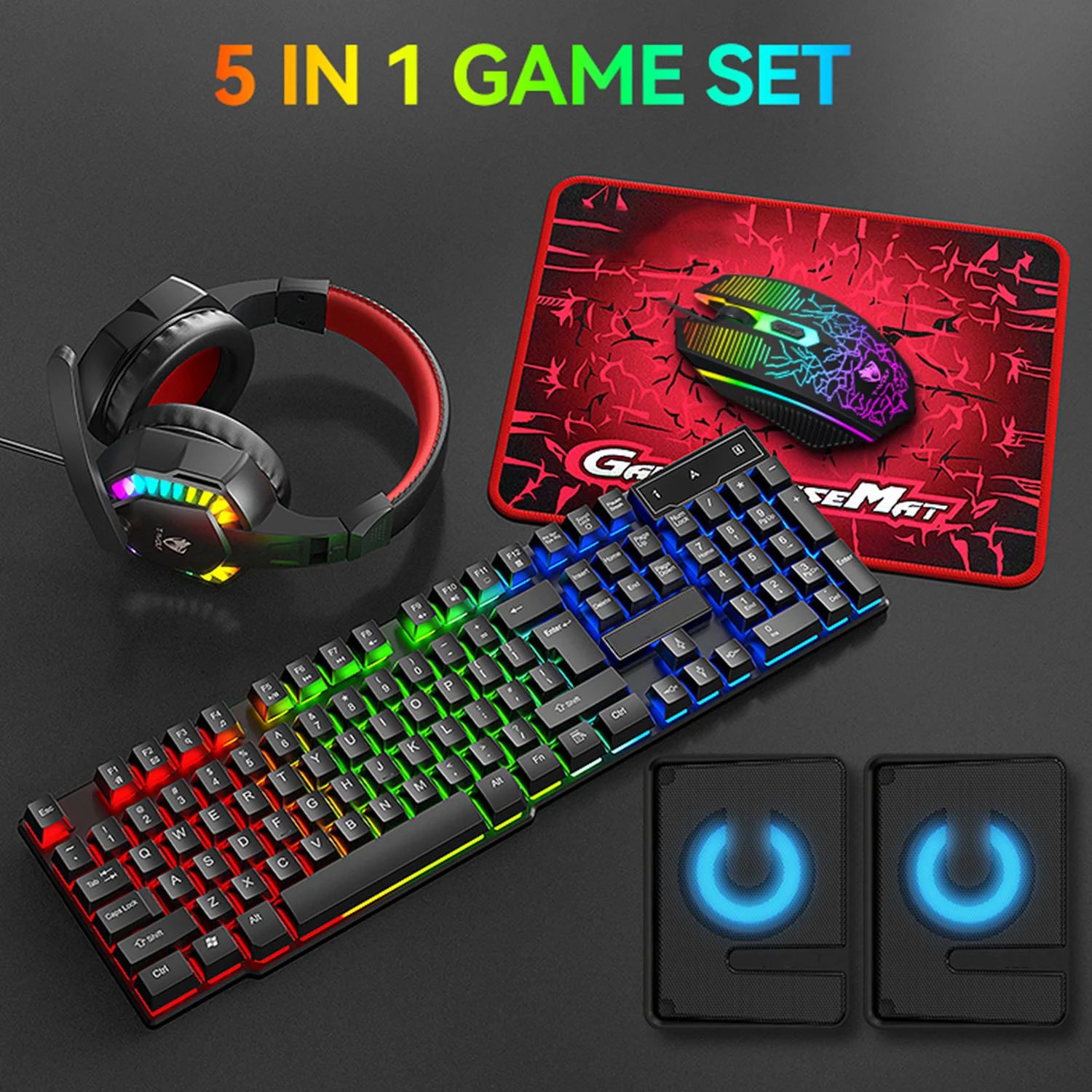 5-in-1 Set Gaming Combo Keyboard 4-color Breathing Light Mouse 3.5mm Gaming Headset Gaming Speaker Anti-slip Mouse Pad NEW HOT photo 2