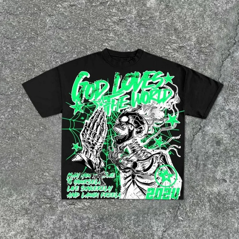 Summer men's fashion style skull print comfortable and breathable with round neck T-shirt outdoor warning top photo 4