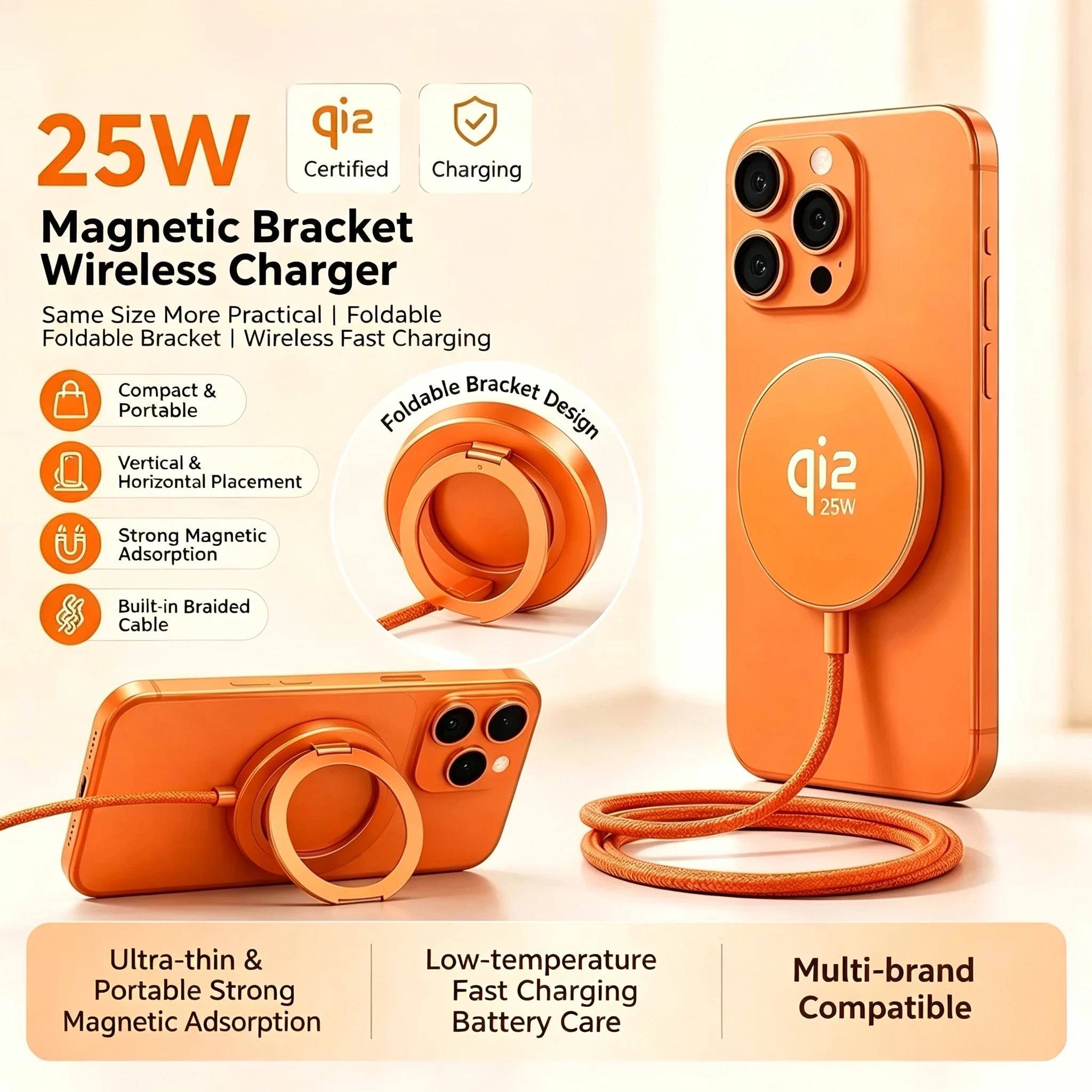 Qi2.2 25W Magnetic Fast Charger Stand for iPhone 17 16 15 14 Pro Max Samsung Galaxy S25 S24 S23 Ultra FE Pixel Foldable Travel photo 1