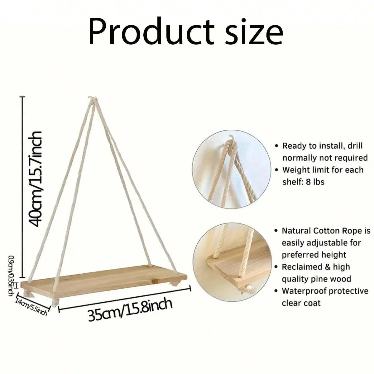 1PC Wooden Swing Hanging Hemp Rope Wall Shelve Mounted Floating Home Living Room Plant Flower Pot Tray Storage Garden Decoration photo 4