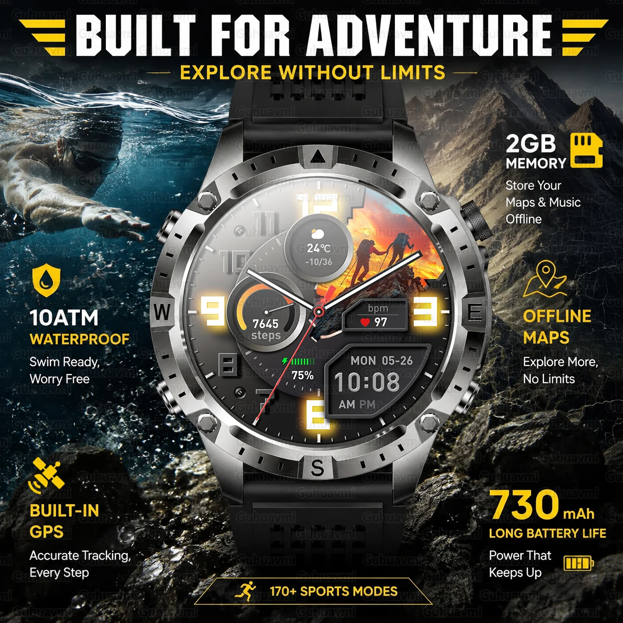 2026New Military TANK GPS SmartWatch Offline Map 10ATM Swim Altitude Compass BT Call 2GB RAM Music Fitness Sports Smartwatch Men photo 1