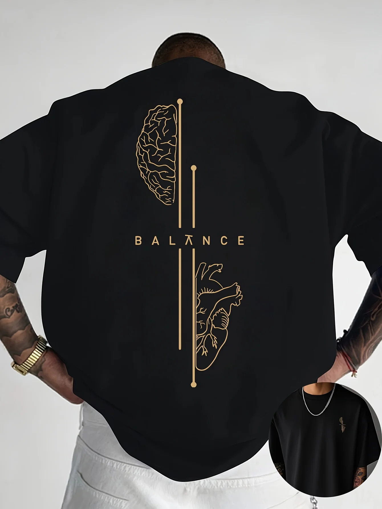 Brain and Heart Line Art Graphic Print 100% Cotton Mens T Shirt for Summer Streetwear Has A Sleek Minimalist Modern Aesthetic photo 2