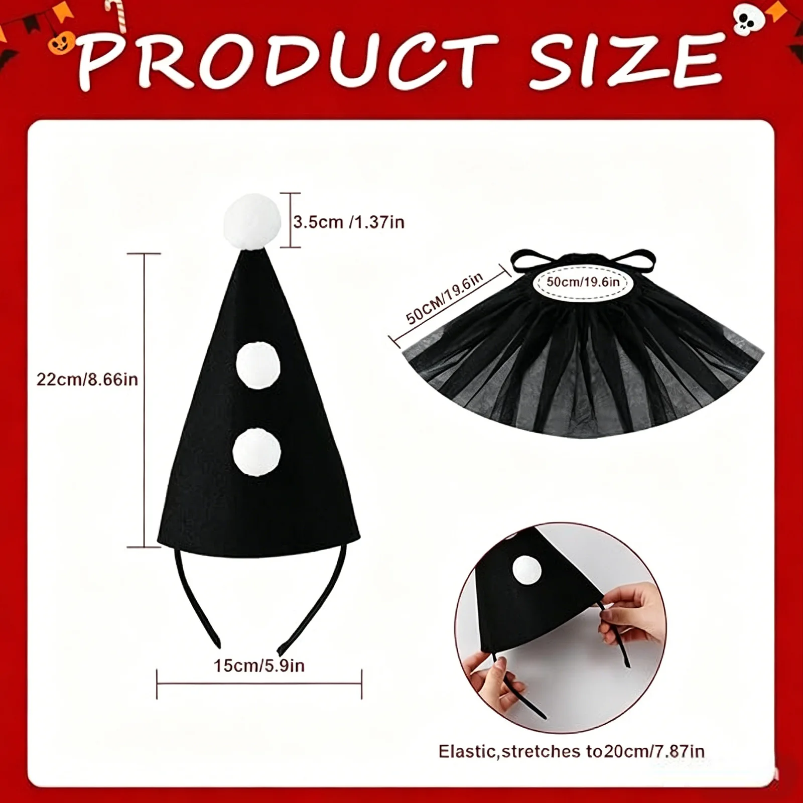 Polka Dot Harlequin Clown Accessory Set Cone Party Hat Headband Ruffle Collar Halloween Carnival Cosplay Costume Prop photo 3