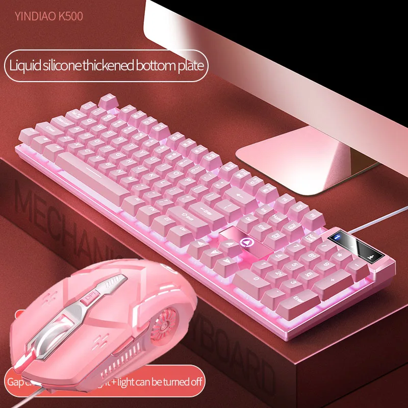 Pink Keyboard and Mouse Set 2 in 1 Combos Wired 104 Keys Pink Keyboard with LED Backlit and 1600DPI Mouse with RGB Backlit photo 1