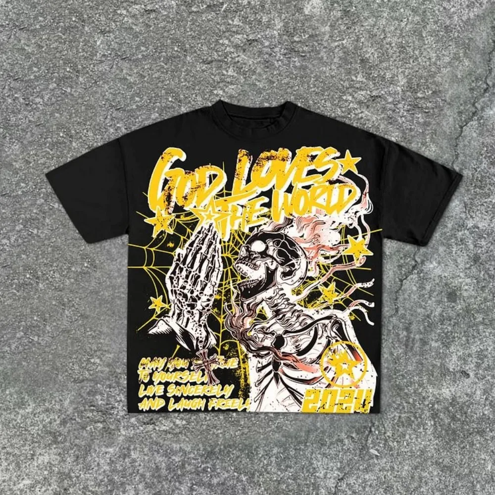 Summer men's fashion style skull print comfortable and breathable with round neck T-shirt outdoor warning top photo 2
