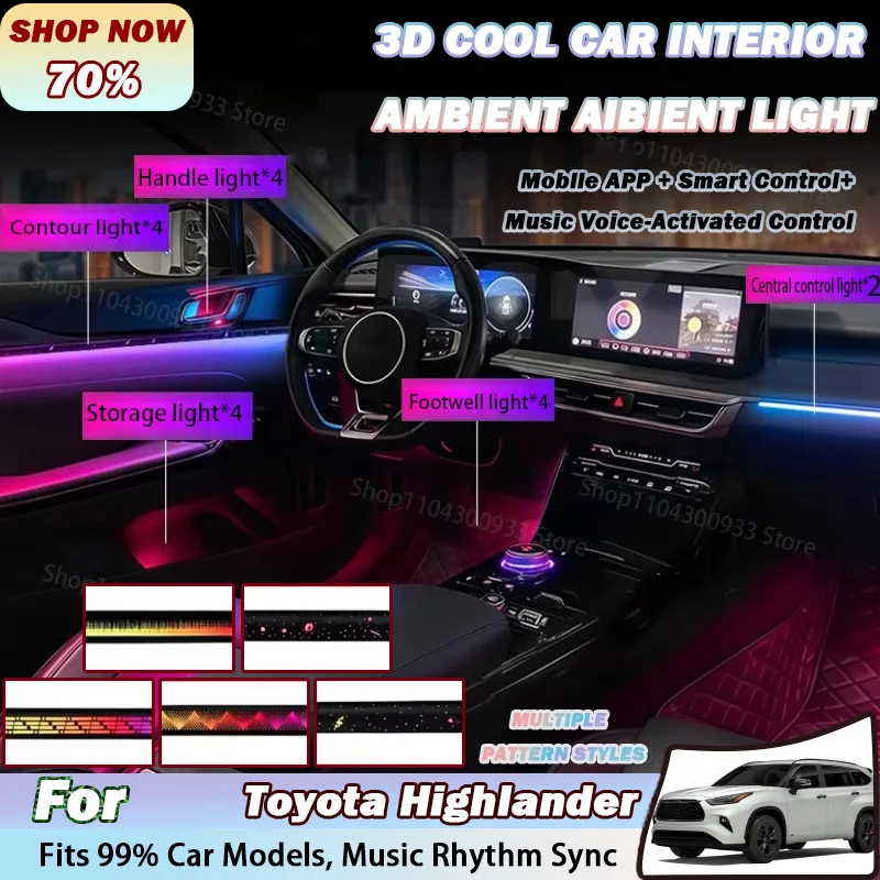 For Toyota Highlander LED Car Interior Ambient Strip Lights RGB Fiber Optic Atmosphere Neon Lighting APP Auto Decorative Lamps photo 1