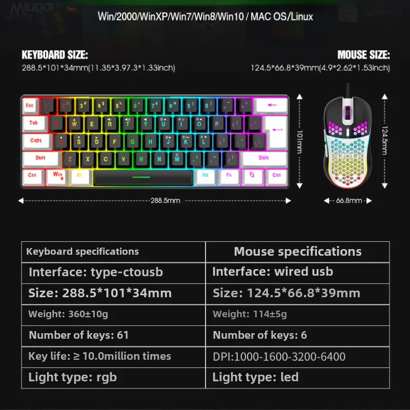 Keyboard and Mouse Sets 60% RGB Gaming with Keyboards Mouse Combo PC Kit Gamer Backlit Mini 61 Keys Computer Wired Set Key Board photo 6