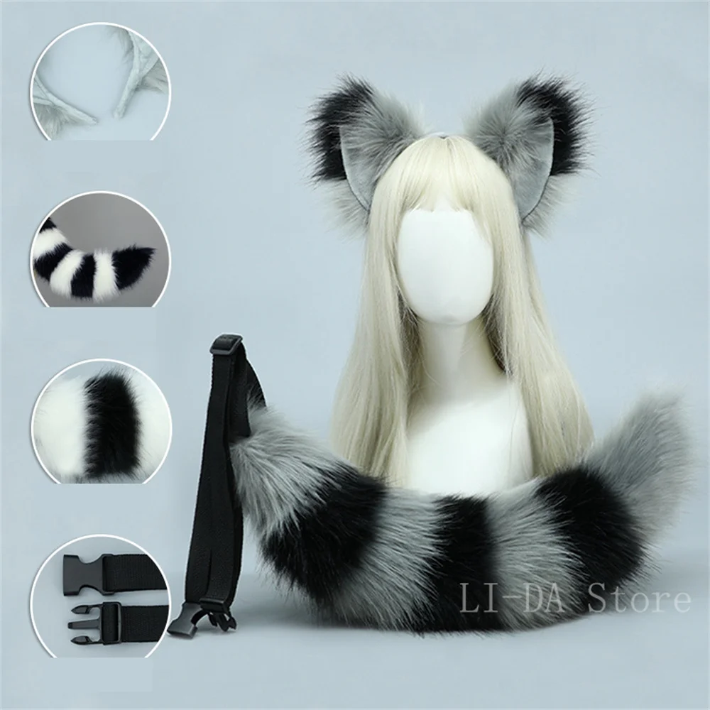 2Pcs/set Fluffy Animal Raccoon Cat Tail Faux Fur Plush Fox Ears Headband Cosplay Halloween Costume Accessories photo 1