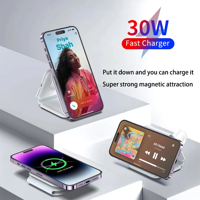 Qi2 15w 3 in 1 Universal Travel Folding Magnetic Wireless Charger for iPhone AirPods IWatch Samsung Phone Xiaomi OPPO photo 2