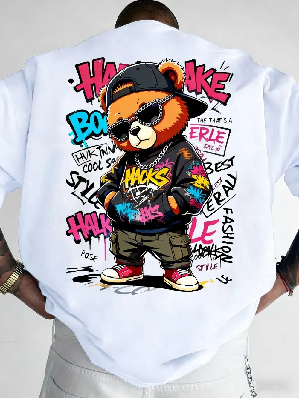European and American Men's Summer Teddy Bear Graffiti Print Comfortable and Breathable Round Neck T-Shirt Outdoor Street Top photo 4