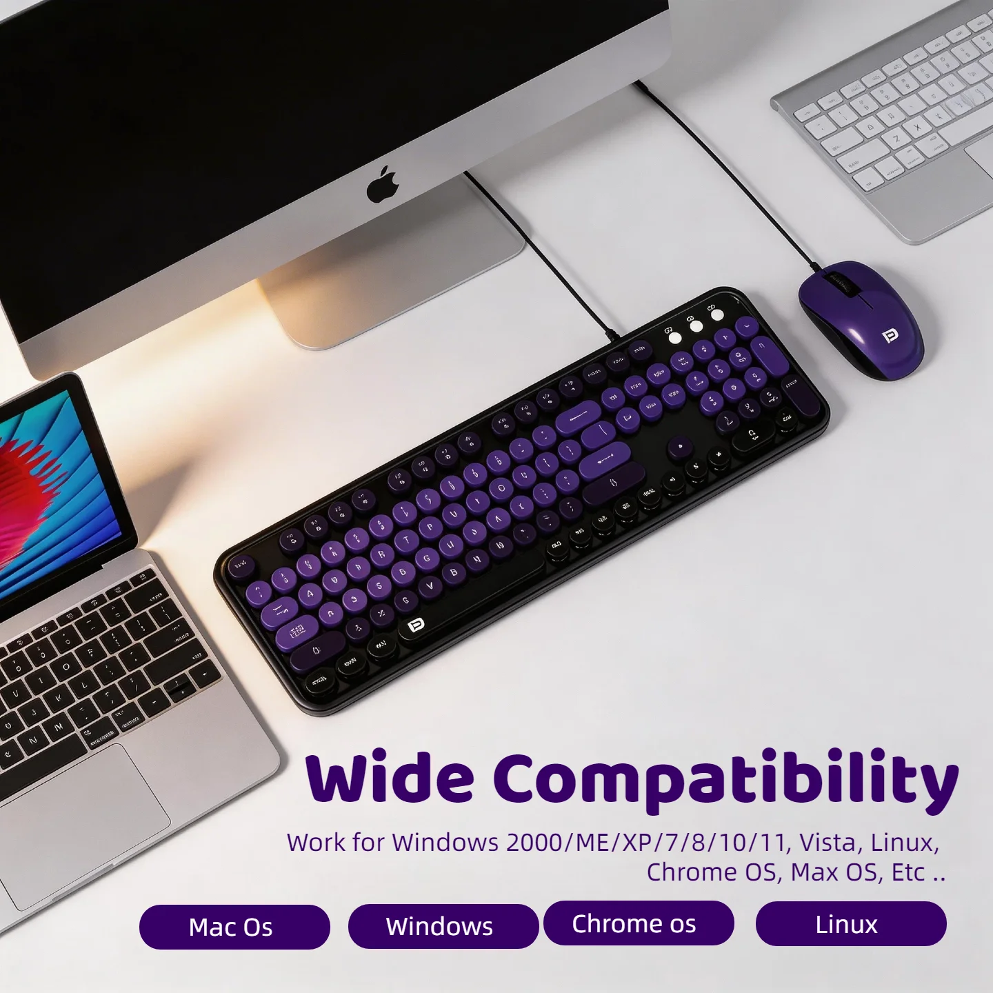 Retro Punk Round Keycap Wired Keyboard Mouse Combo Set 105 Keys USB Gaming Office Typewriter Style Mechanical Feel Pink Purple Gradient PC Laptop photo 6