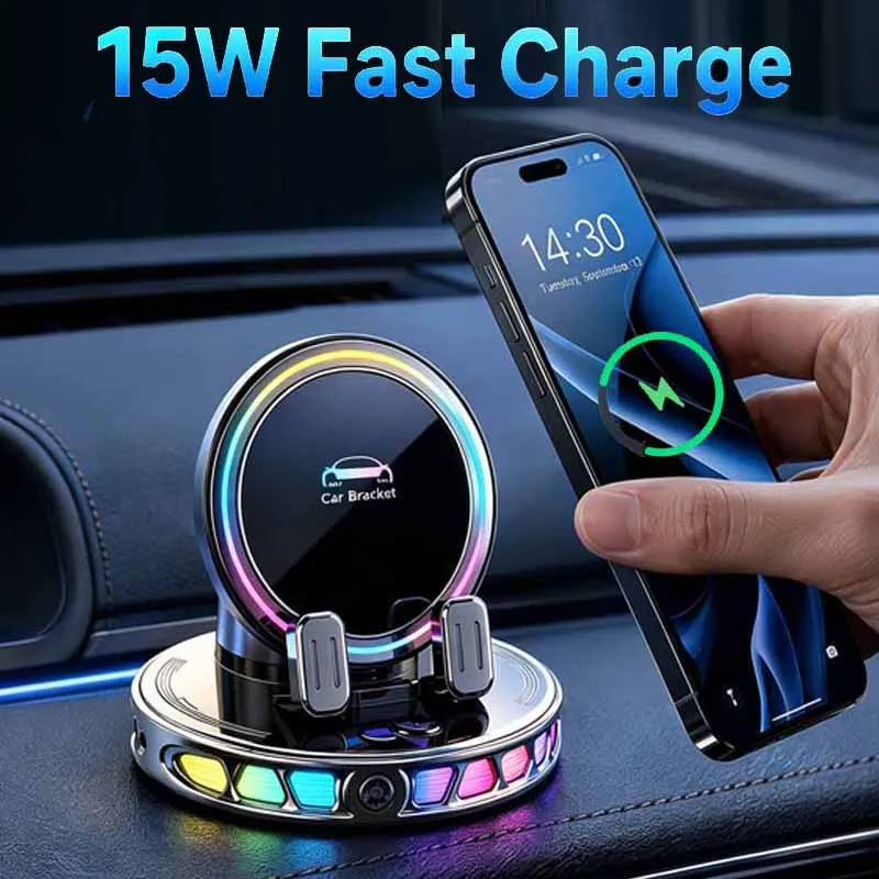 Auto Clamping Car Mobile Cell Phone Holder Support For Mobile Wireless Charger For Car Dashboard Mount With RGB Light photo 1