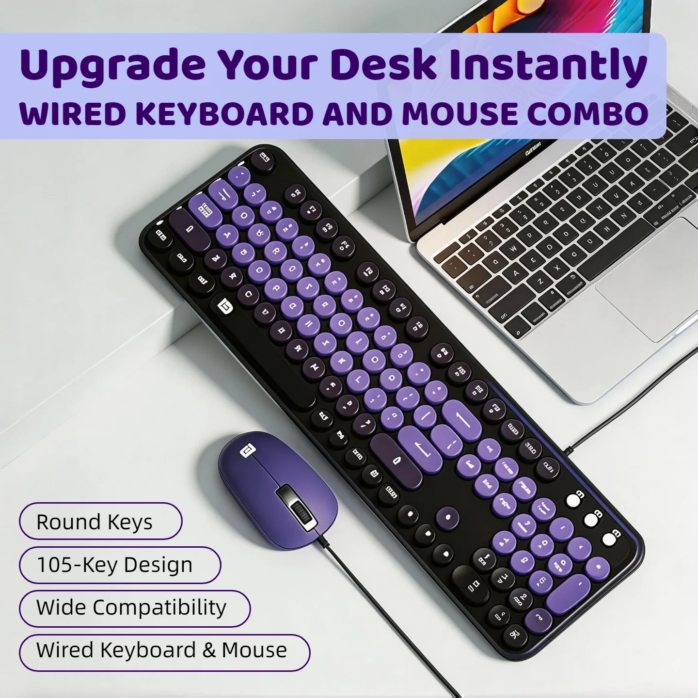 Retro Punk Round Keycap Wired Keyboard Mouse Combo Set 105 Keys USB Gaming Office Typewriter Style Mechanical Feel Pink Purple Gradient PC Laptop photo 3