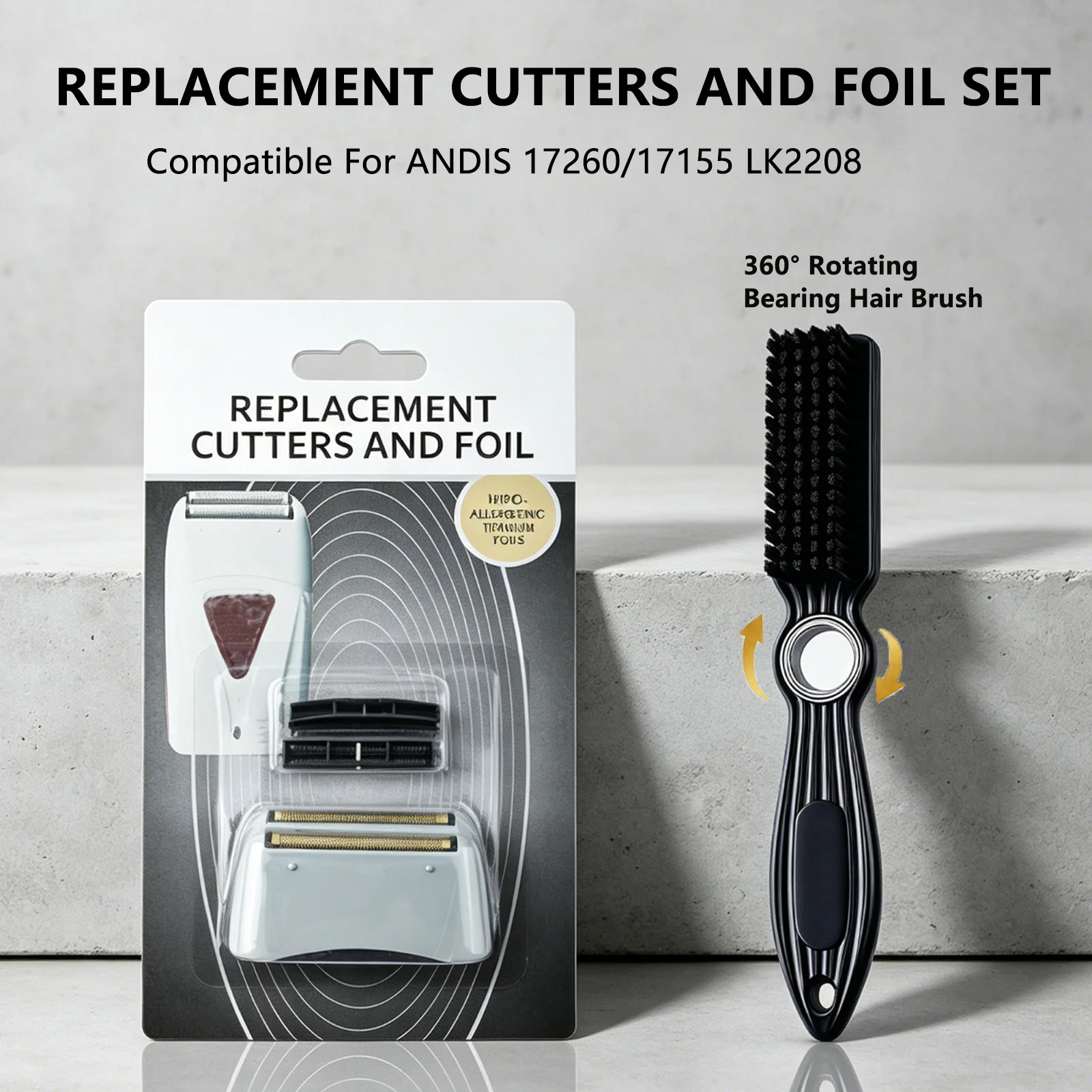 2Pcs Barber Tool Set Replacement Cutters And Foil For Andis 17260/17155 LK2208 Shavers With 360° Rotating Bearing Cleaning Brush photo 1