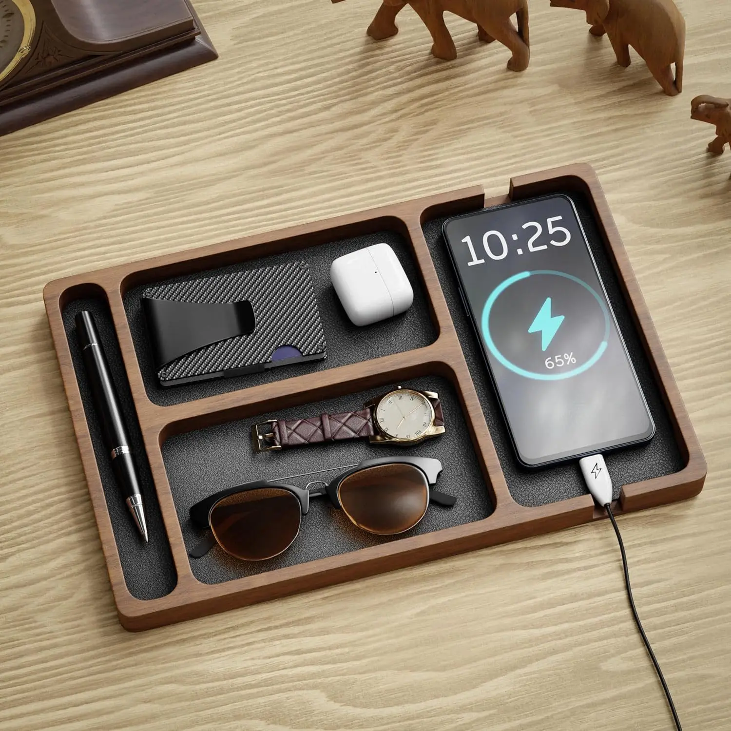 ooden Office Desktop Storage Box Solid Wood Partition Storage Box Mobile Phone Headphone Debris Storage Box Wooden Storage Tray photo 1