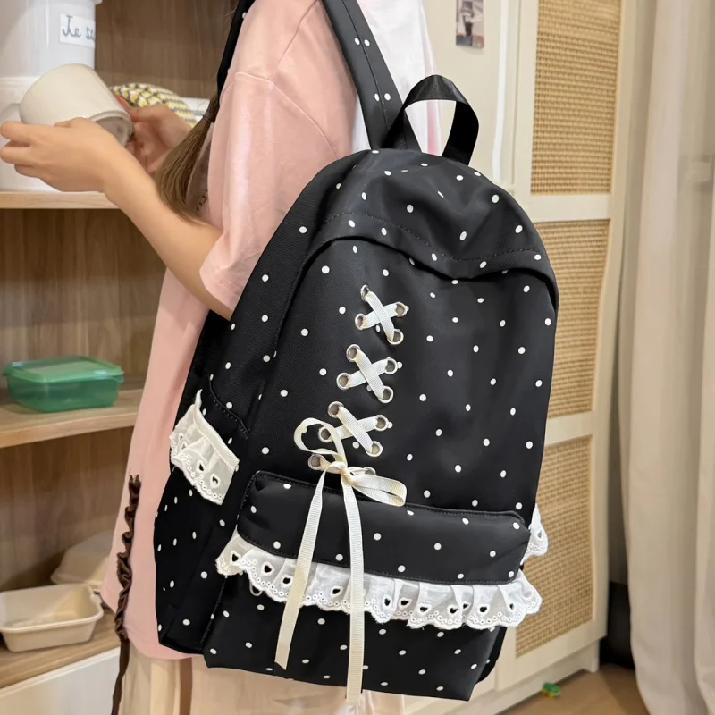 Preppy Polka Dot Backpack for Teen Girls Lace Bowknot Nylon School Bag Aesthetic College Student Bookbag Fits iPad Laptop photo 1