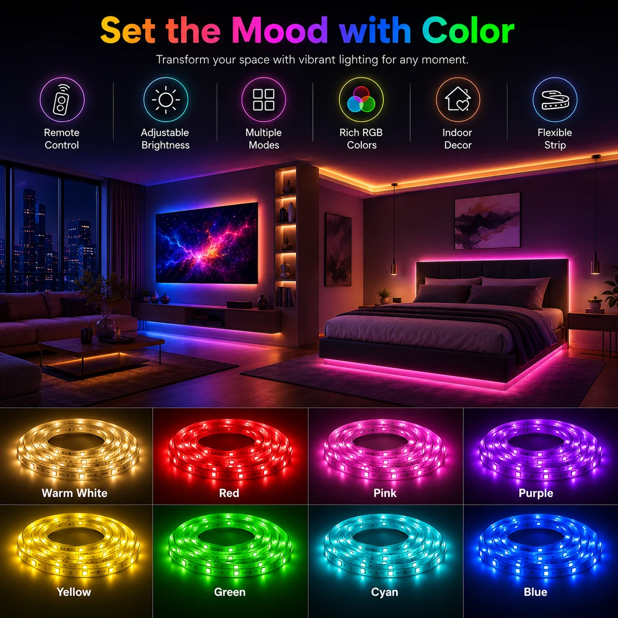 LTG-GEE Led Strip Lights with 44 Key Remote Control RGB Tape Led Wall Room for Home Bedroom Party Decor TV Backlight photo 2