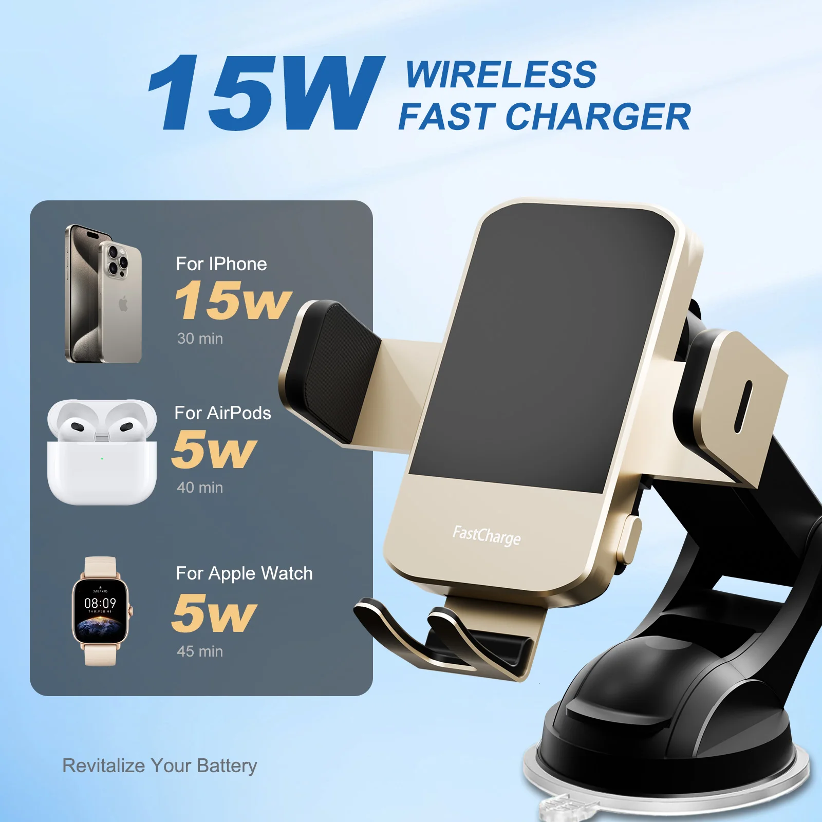 15W Qi Magnetic Wireless Car Phone Charger Auto-Clamping Car Charger Phone Holder Dashboard Vent Phone Mount Fast Charging photo 1