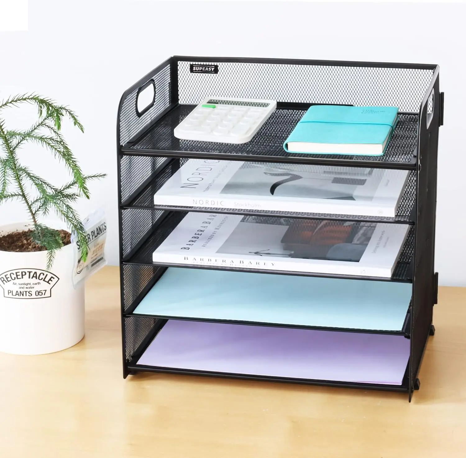 5 Trays Paper Organizer With Handle - Mesh Desk File/Letter Organizer, Black Paper Sorter For Office, Home Or School photo 8