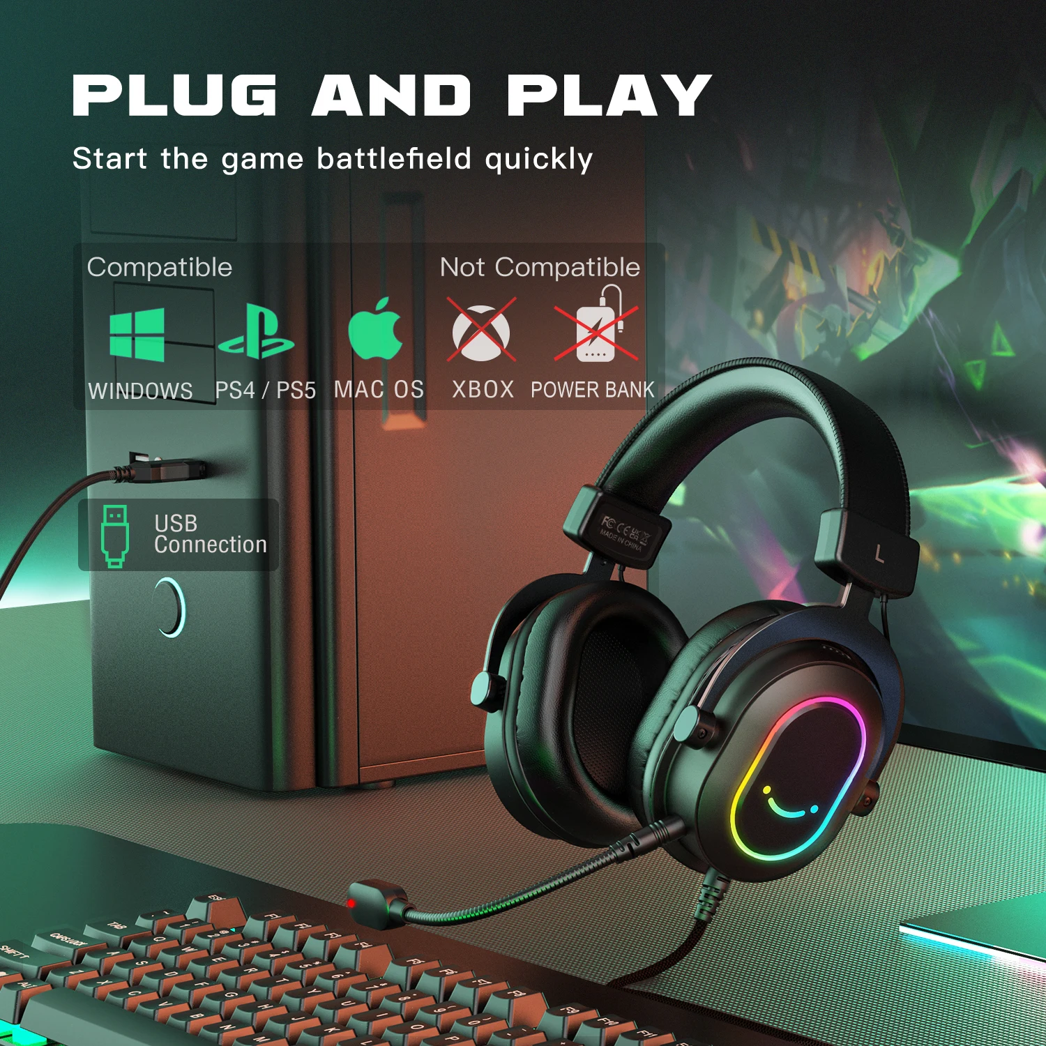Fifine Dynamic RGB Gaming Headset with Mic Over-Ear Headphones 7.1 Surround Sound PC PS4 PS5 3 EQ Options Game Movie Music photo 6