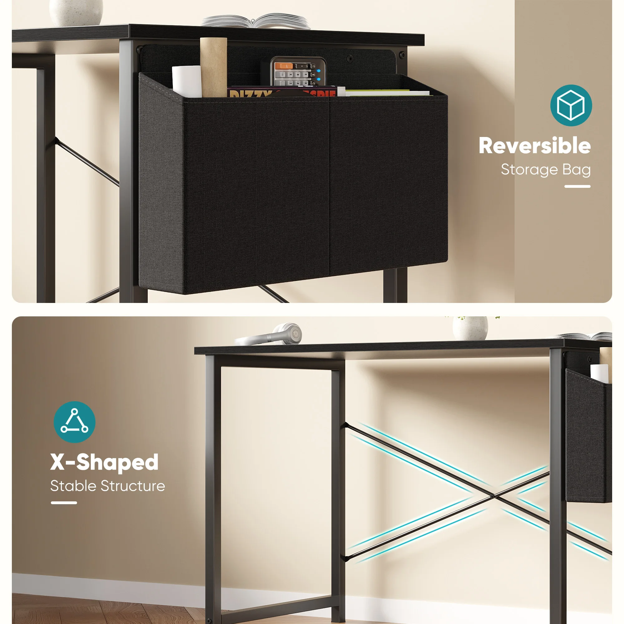 JHK 31IN to 55IN Computer Office Desk Writing Study Office Gaming Table with Storage Bag Metal Frame Wood Tabletop Easy Assembly photo 6