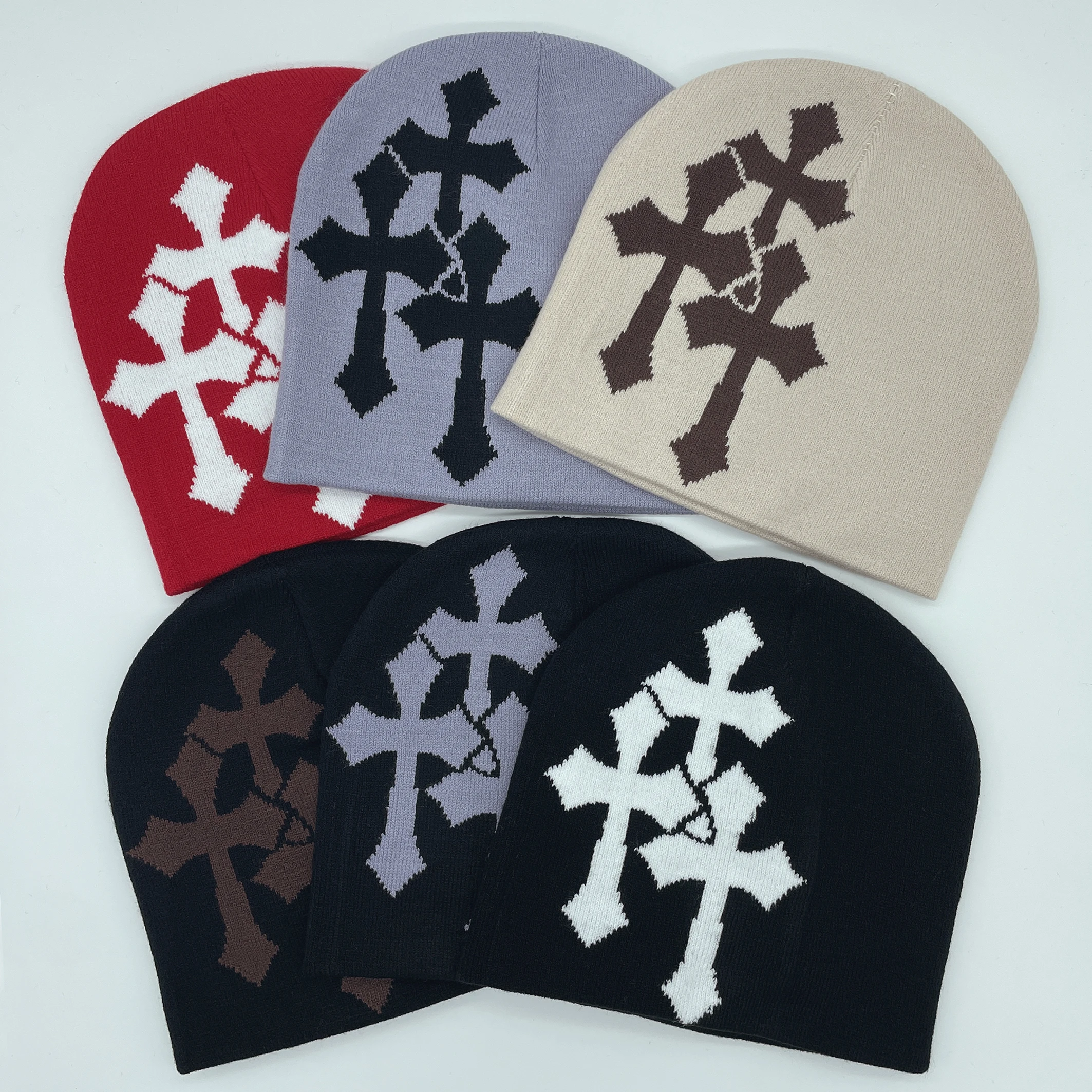 Y2K Crucifix Jacquard Knitted Hat, European And American Popularity Hip Hop Hat, Street Trend Fashion Personality Adult Hat photo 1