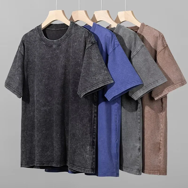 American Style Retro Heavyweight Solid Color Short Sleeved T-shirt Men Women Summer Street Trendy Washed Old Oversized Clothes photo 1