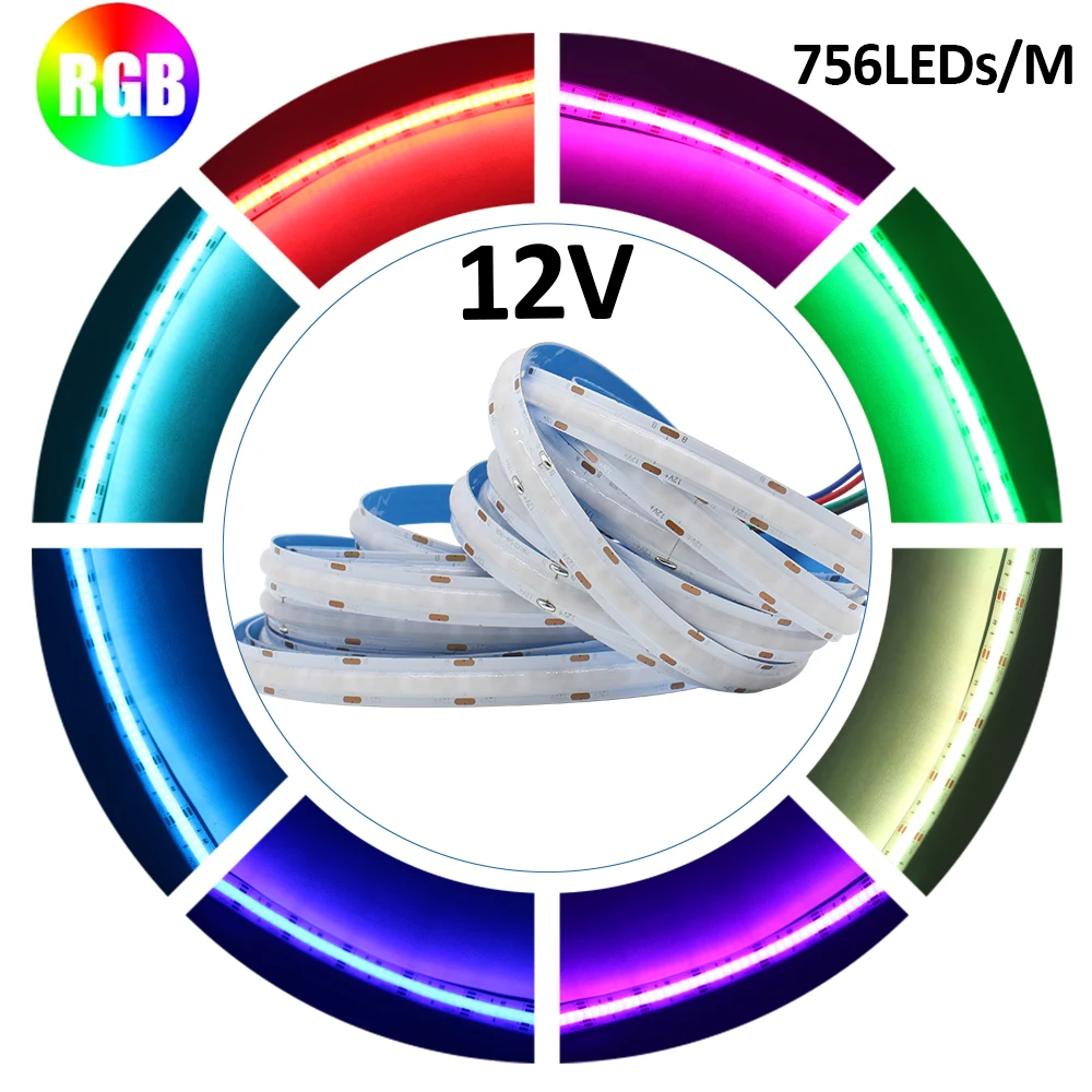 DC 12V COB RGB LED Strip Light 756LEDs/m 1M 2M 3M 4M 5M High Density Flexible FCOB Tape Ribbon Lights for Decoration Lighting photo 1