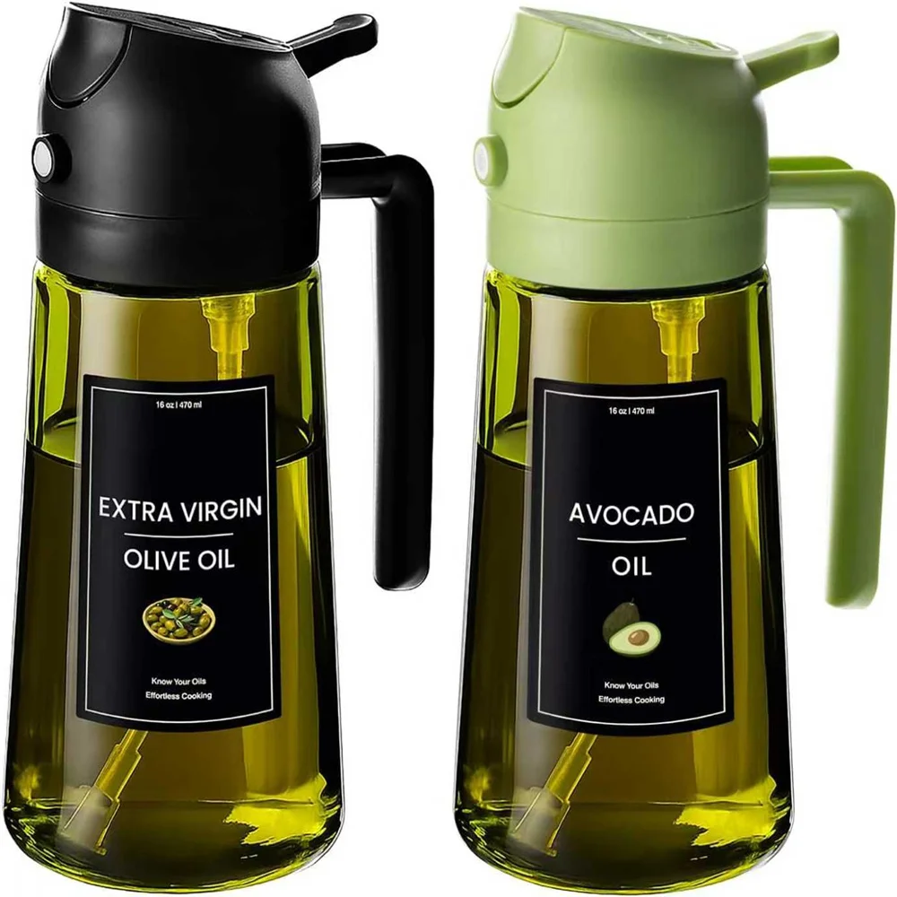 Olive Oil Dispenser,Sprayer for Cooking 2 in 1- Spray and Pour,Dark Green Glass Oil Bottlewith Stickers,16oz/470ml Oil Sprayer photo 1