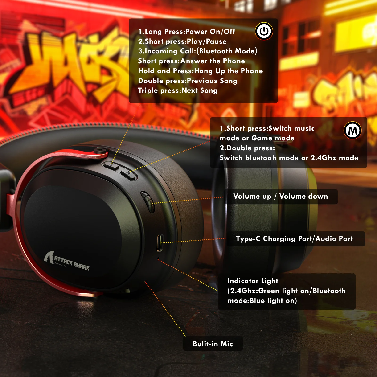ATTACK SHARK L30PRO Wireless Gaming Headset,7.1 Surround Sound, 50mm Drivers,20ms Low Latency,Detachable Noise-Canceling Mic photo 5