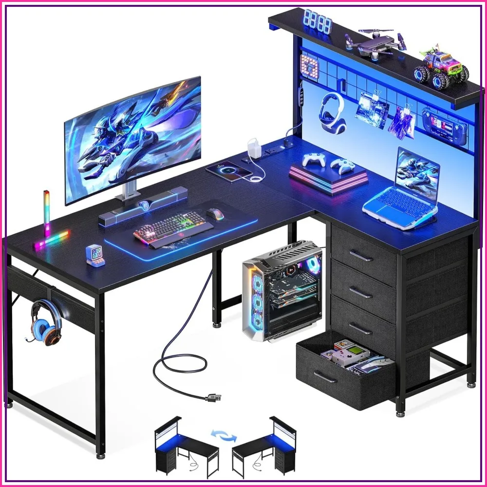 43" L Shaped Gaming Desk with Shelf & 4 Drawers, Black Computer Desk for Home Office photo 1