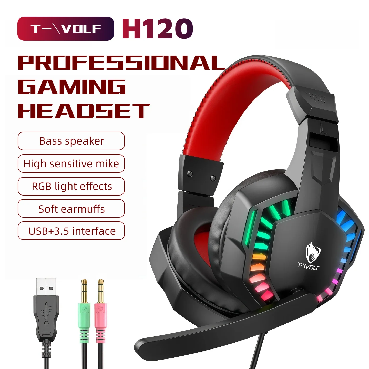 RGB Wired Gaming Headset with Microphone, USB & 3.5mm Over‑Ear Headphones for PC Laptop PS4 PS5 Mobile, Adjustable Noise‑Cancelling Mic, Surround Stereo Sound, Comfortable Headset for Gaming, Office, Study & Daily Use photo 1