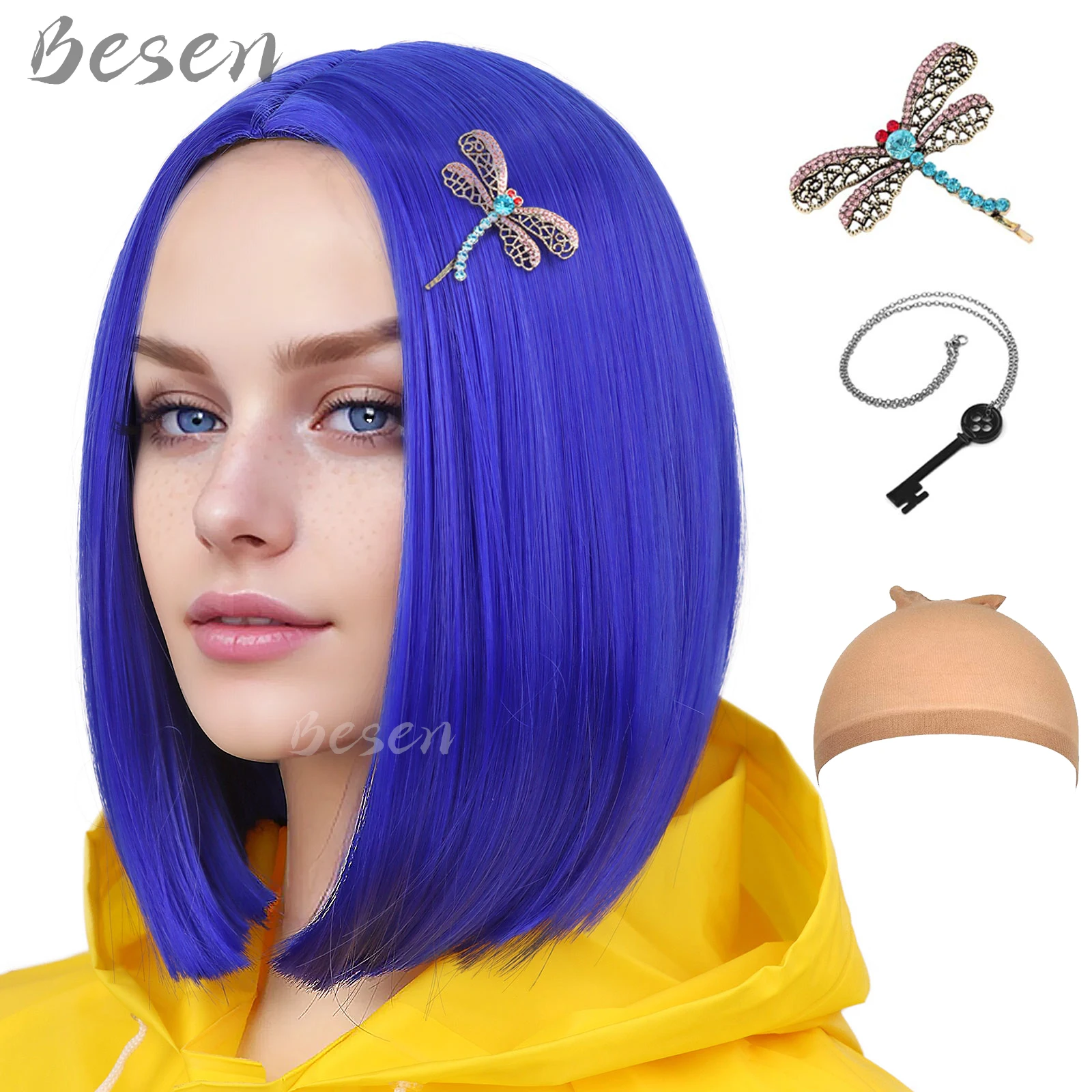 Synthetic Dark Blue Bob Wigs for Coraline Costume Women Girls Women's Costume Wigs Colored Bob Wigs for Cosplay Halloween Party photo 1