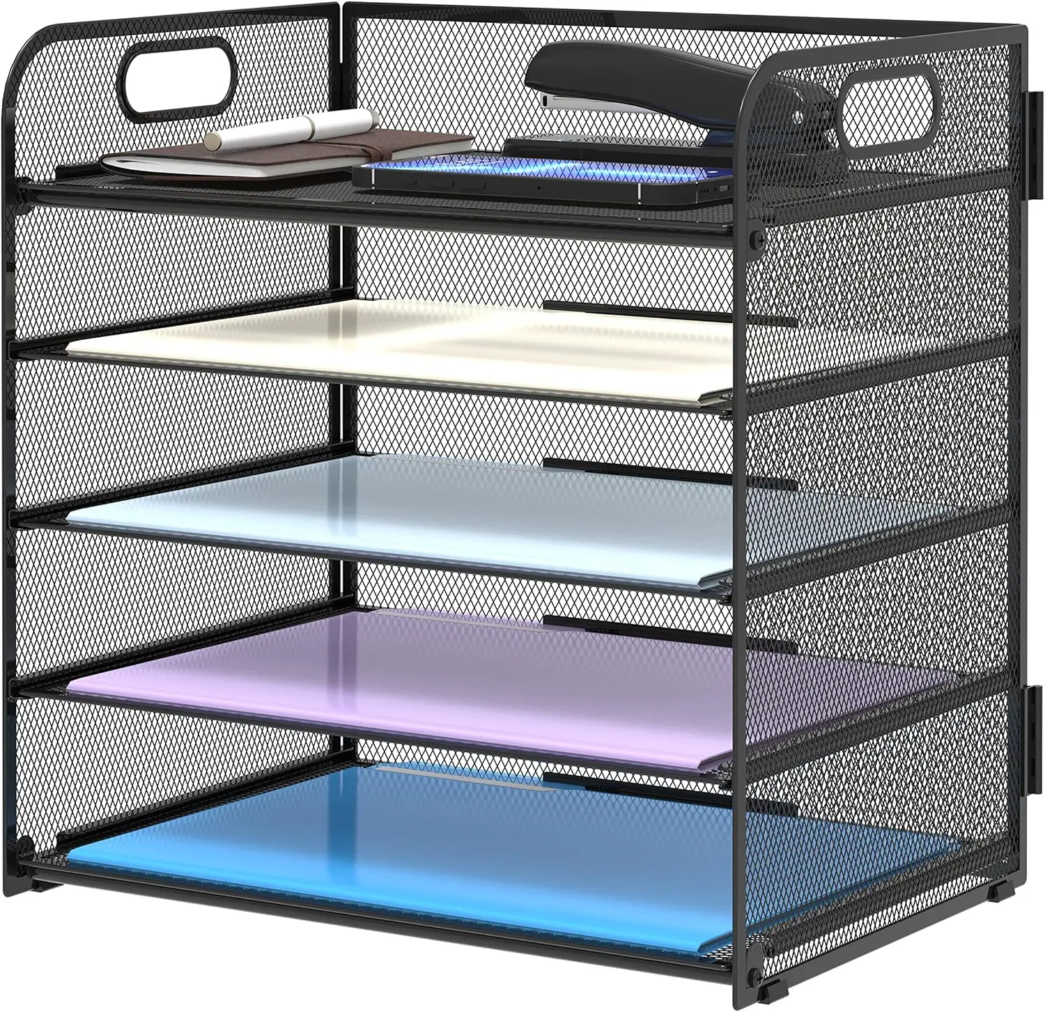 5 Trays Paper Organizer With Handle - Mesh Desk File/Letter Organizer, Black Paper Sorter For Office, Home Or School photo 1