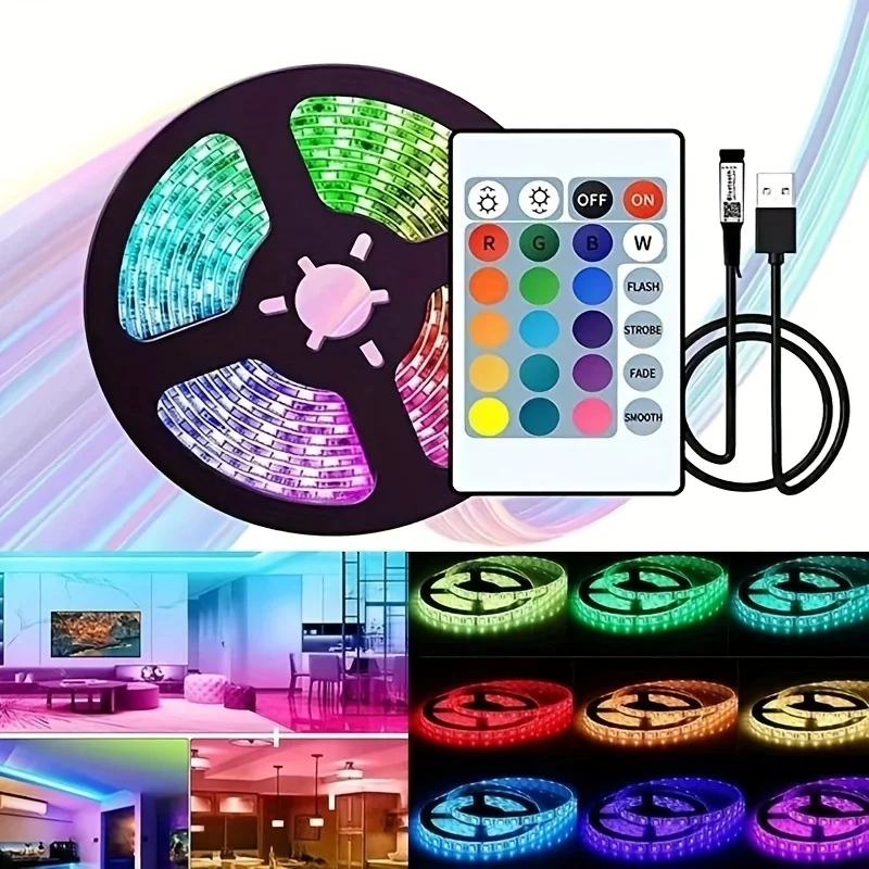 5050 RGB LED Strip 5V USB Power Supply,24-Key Remote Control/App Control, Suitable for TV Backdrops, Bedrooms, and Holiday Decor photo 1